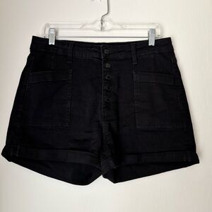 Judy Blue Cuffed Button Fly Jean Shorts Size 31 Black Patch Pockets Stretch